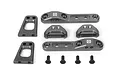 HPI Racing gunmetal aluminium front camber link mount set including various brackets and four black screws on a white background.