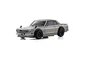 A silver Kyosho Mini-Z Nissan Skyline 2000GT-R Tune Version RC body shell with black fender flares and black wheels on a white background.