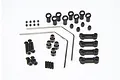 HPI Savage XS front and rear sway bar set including metal sway bars, plastic mounts, ball ends, and various screws on a white background.
