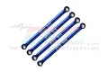Four blue anodized aluminium suspension linkages from GPM Racing, featuring laser-etched branding and 7075 material markings.