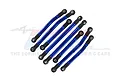 A set of blue anodized aluminium suspension links for an RC car, featuring black plastic rod ends with metal pivot balls, arranged diagonally.