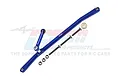 GPM Racing blue anodized aluminium steering linkage set for RC cars, featuring metal rods, screws, and nuts against a branded background.