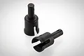 Two black steel differential outdrive cups for RC cars shown against a white background.