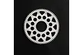 A white Delrin 74T 64dp spur gear for RC cars, featuring a circular design with weight-reduction holes and the number 74 etched on the face.