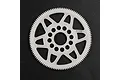 A white Delrin 110T 64dp spur gear for RC cars, featuring a spoked design and central mounting holes, set against a dark textured background.