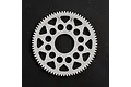 A white Delrin spur gear with 76 teeth and 64dp pitch, featuring a lightweight design with circular cutouts, set against a black textured background.