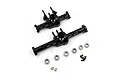 Two black aluminium RC axle housings with included bearings and small screws on a white background.