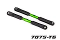 Two Traxxas green anodized aluminum toe linkages with black plastic rod ends on a white background.