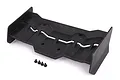 A black Traxxas RC car wing with four small black mounting screws on a white background.