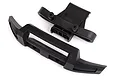 Traxxas front bumper and mounting bracket in black plastic, viewed from an elevated angle against a white background.