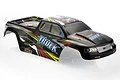 A pre-painted black RC truck body shell for the Xinlehong 9125, featuring red, yellow, and white racing decals and a carbon fiber pattern on the hood.