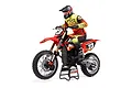 Losi 1/4 scale Promoto-MX electric RC motorcycle in FXR livery, featuring a rider figure on a black display stand against a white background.