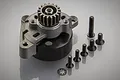 Rovan metal 17T tripod clutch cup kit with integrated gear and included mounting screws on a grey background.