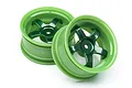Two HPI Work Meister S1 RC car rims in bright green with dark metallic green spokes against a white background.