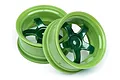 Two HPI Racing Work Meister S1 RC car rims in bright lime green with dark metallic green spokes against a white background.