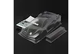 Clear, unpainted Blitz 1/8 GT6 Pista RC car body shell with included wing, decal sheet, and small plastic parts on a black background.