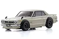 Kyosho Mini-Z Nissan Skyline 2000GT-R (KPGC10) RC car in white with black fender flares and wheels, shown from a front three-quarter angle.