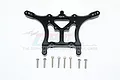 A black anodized aluminium rear shock tower for an RC car, shown with eight included silver metal screws against a white background.