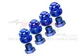 A set of blue anodized aluminium wheel hexes and locking nuts for RC cars, featuring GPM branding and 7075 alloy markings.