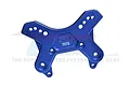 A blue anodized aluminium front shock tower for an RC car, featuring multiple mounting holes and GPM branding.