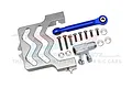 GPM Racing silver aluminium servo mount, blue tie rod, and 25T servo horn with included screws and washers on a white background.