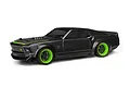 A 1/18 scale pre-painted HPI Micro RS4 1969 Ford Mustang RTR-X body shell in metallic grey with bright green accents and wheels.