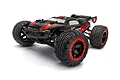 BlackZon Slyder ST 1/16 scale RC stadium truck in black and red, featuring off-road tires and a rear spoiler, isolated on a white background.