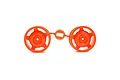 Two bright orange Tamiya RC buggy front rims still attached to their plastic parts tree on a white background.