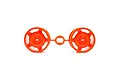 Two bright orange RC buggy rear rims attached to a central plastic sprue tree on a white background.