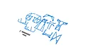 A set of blue plastic RC roll cage components and a collection of black metal screws laid out on a white background.
