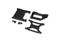 A set of black plastic RC chassis parts including a servo mount, winch mount, and chassis braces on a white background.