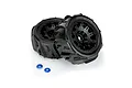 Two Pro-Line Dumont paddle tyres pre-mounted on black Raid wheels with two blue aluminium wheel nuts on a white background.