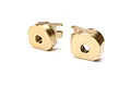 Two brass weighted steering hubs for an RC vehicle, shown from a side angle against a white background.