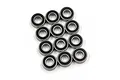 A collection of twelve identical metal ball bearings with black rubber seals arranged on a plain white background.