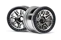 Two HPI 2.2 inch Split 8 chrome RC truck rims with black beadlock-style rings, shown against a white background.