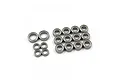 A collection of various sized metal shielded ball bearings arranged on a white background.
