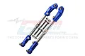 Two blue aluminium and stainless steel adjustable steering links for RC cars by GPM Racing, shown with included mounting hardware.