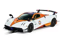 Scalextric 1/32 scale Pagani Huayra BC Roadster slot car in iconic Gulf blue and orange livery on a white background.