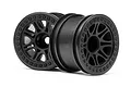 Two black HPI 2.2-inch Split 8 RC truck rims shown from a side angle against a white background.