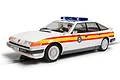 A 1/32 scale Scalextric Rover SD1 police slot car in white with red and yellow side stripes, blue roof lights, and Sussex Police branding.