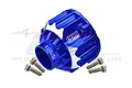 A blue anodized aluminium differential case by GPM Racing with four included mounting screws on a white background.