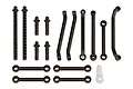 A set of black plastic suspension linkages and body posts for the Element RC Enduro 24, arranged on a white background.