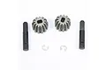 A set of two metal differential bevel gears, two metal shafts, and two small E-clips arranged on a white background.