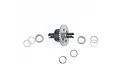 A complete RC differential assembly with a metal gear and several small metal shims or washers arranged on a white background.