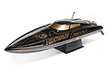 Pro Boat Recoil 2 V2 26-inch RC speed boat in Heat Wave black and gold livery, displayed on a black plastic boat stand against a white background.