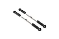 Two metal turnbuckles and four black plastic rod ends arranged on a white background.