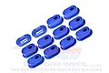 A set of blue anodized aluminium chain tension adjusters for RC motorcycles, featuring various numerical markings and the GPM Racing logo.