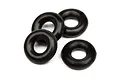 Four small black silicone O-rings arranged in a cluster against a white background.