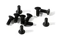 A group of nine black metal countersunk head screws with hex drive sockets scattered on a white background.