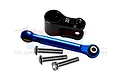 GPM Racing black aluminium 25T servo horn with a blue tie rod and three metal screws on a white background.